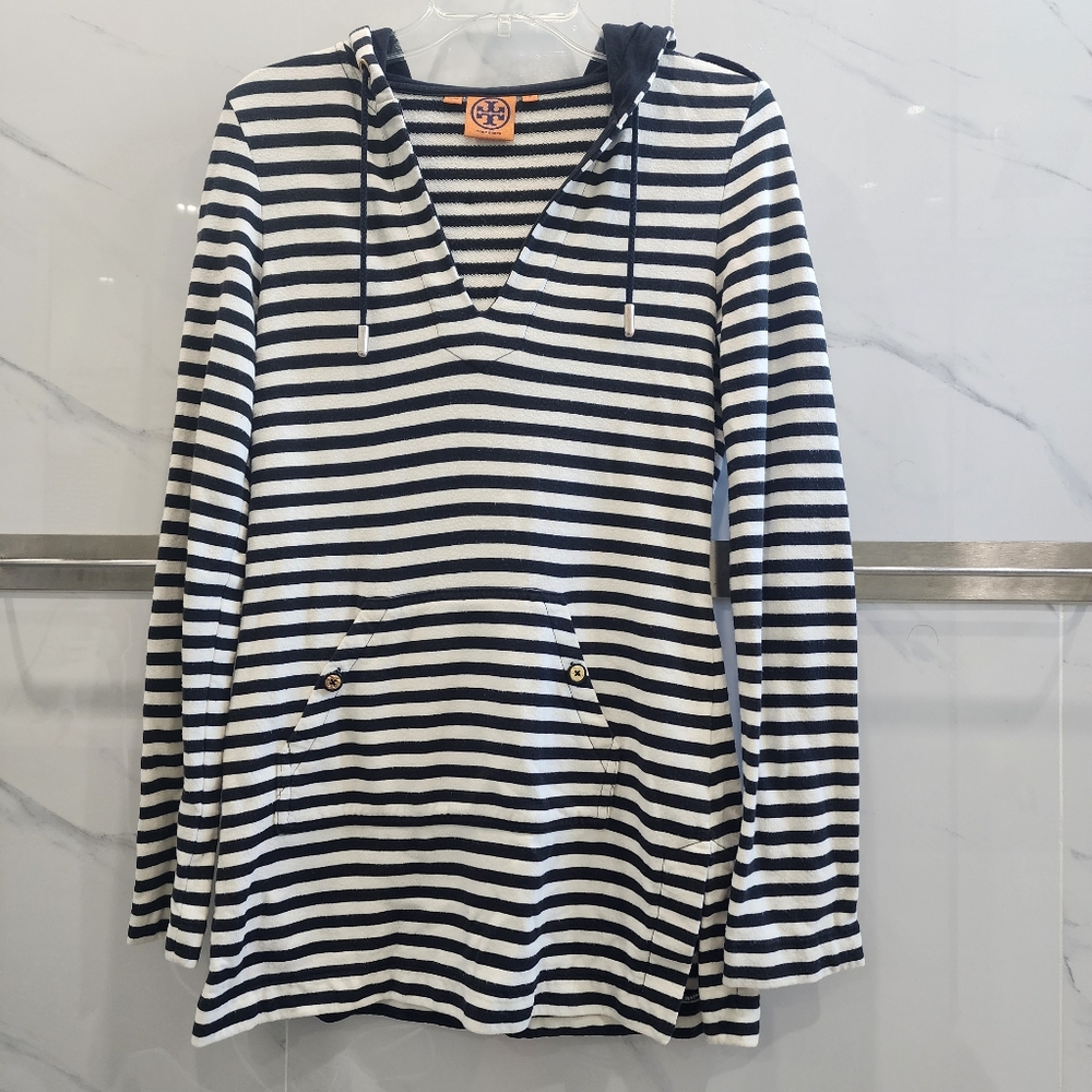 Tory Burch | Sweater | Women Black White Stripe Pocket Hoodie Tassel